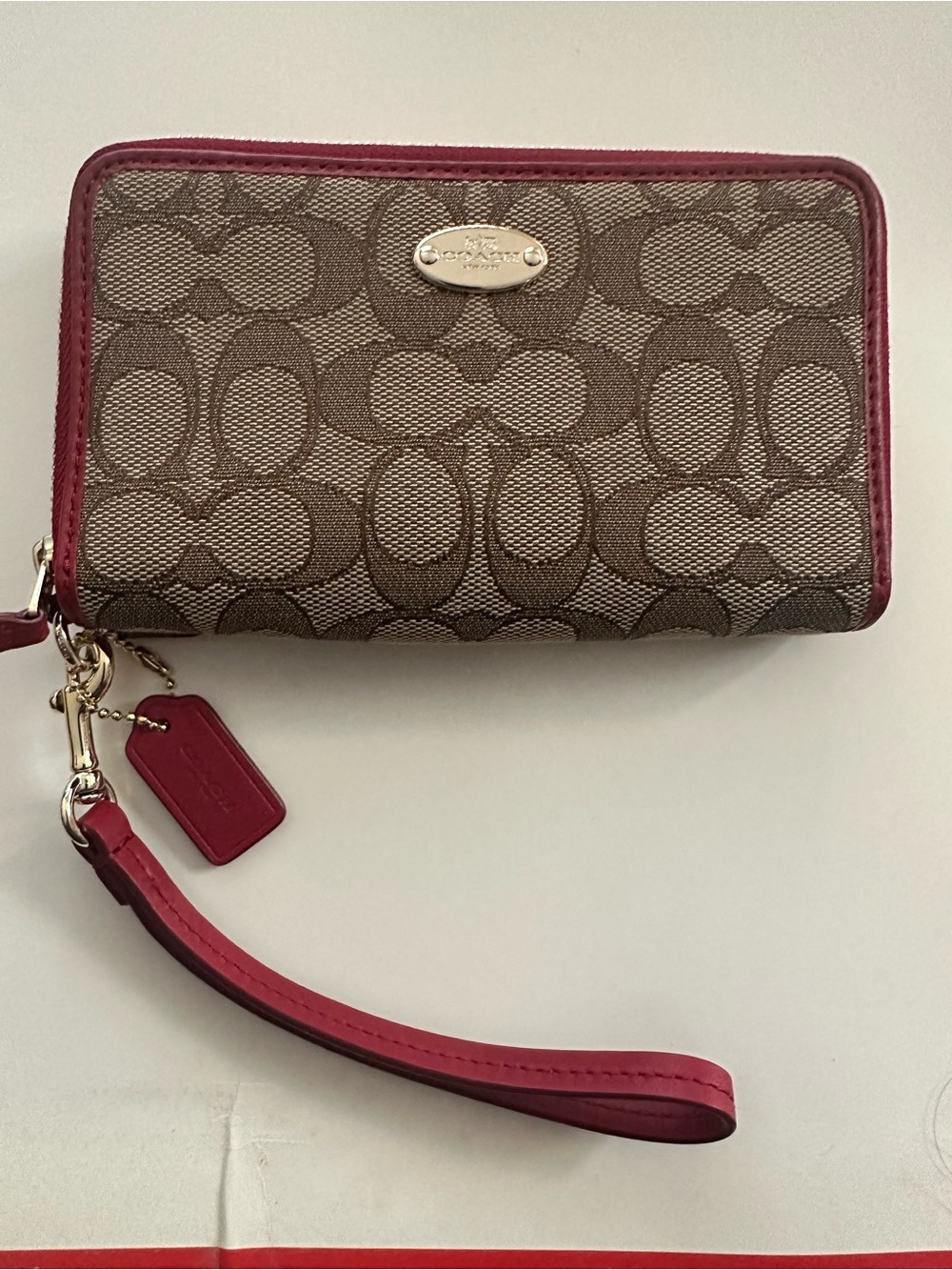 Coach Signature Canvas Wristlet in Brown with Red Trim
